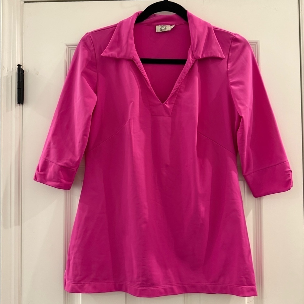 Katherine Way Womens Small Golf Polo Shirt Pink V Neck Half Sleeve Summer
